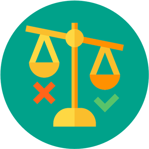 ethics icon (a scale weighted toward green checkmark and away from red x)